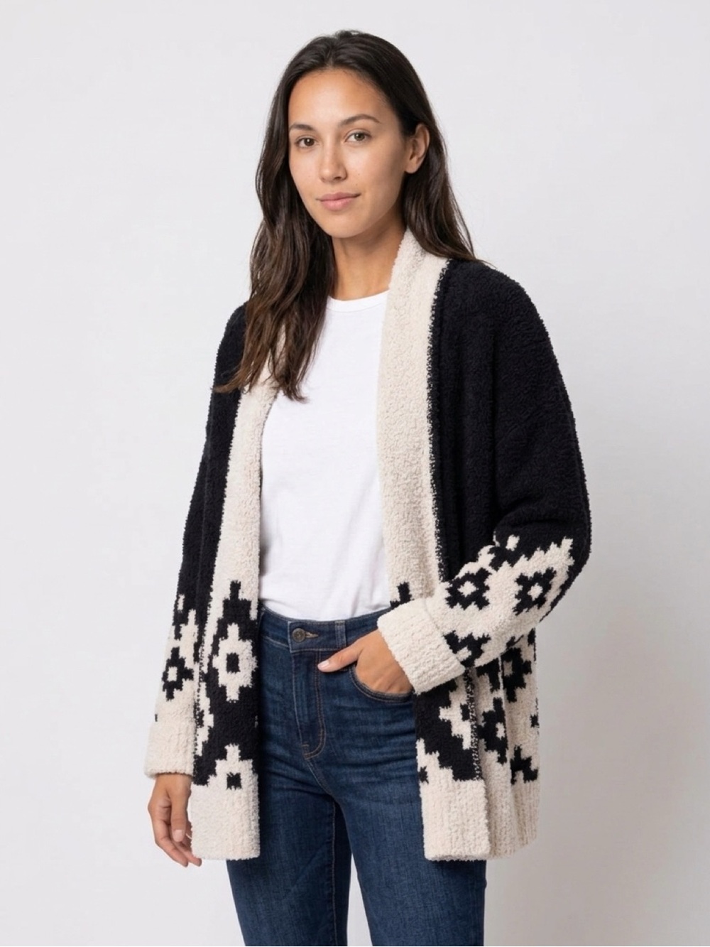 Knox Rose Black Cream Southwestern Geometric Open Front Cardigan L